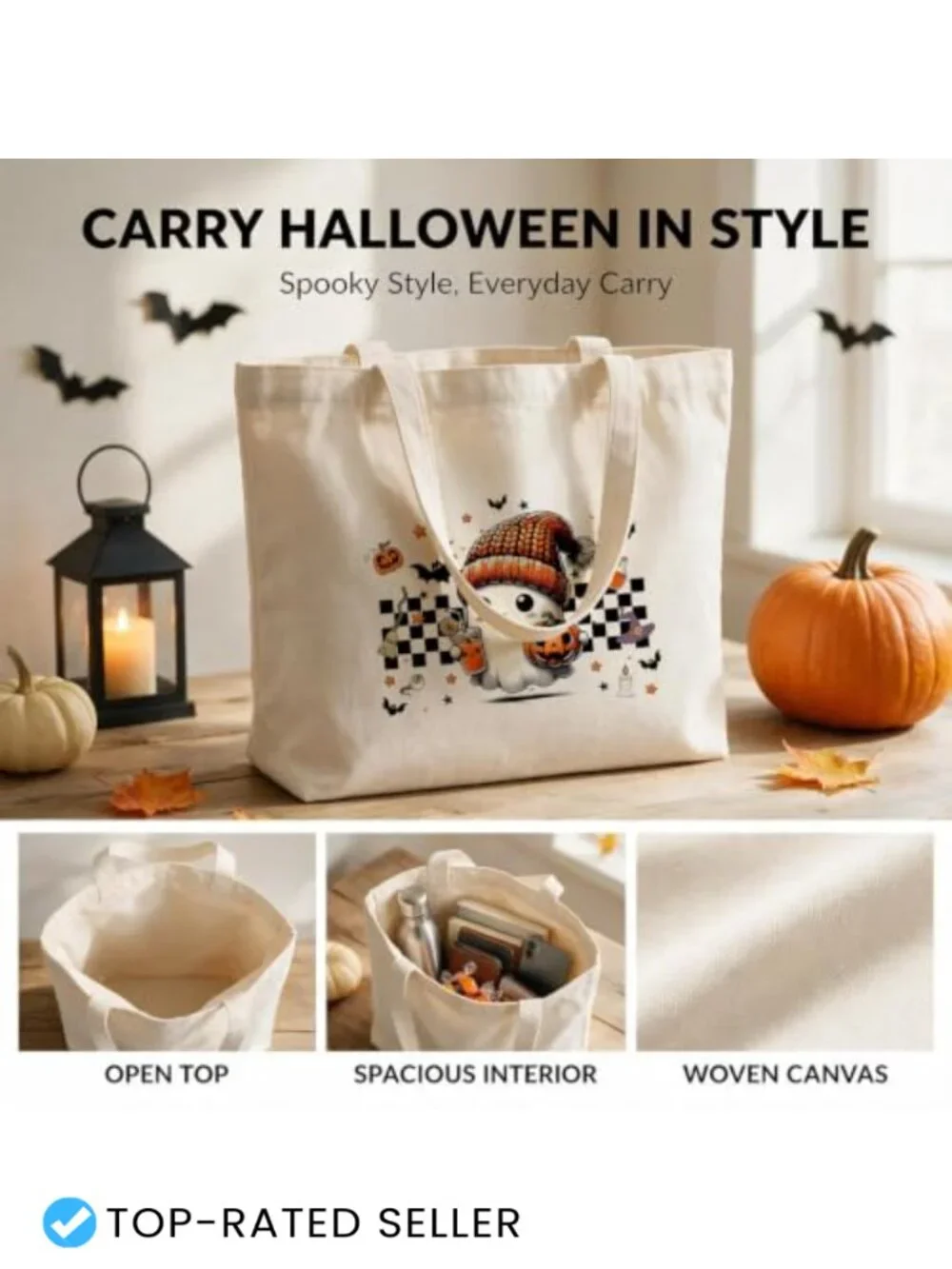 Halloween Ghost Canvas Tote Bag for Trick or Treating, Reusable Fall Gift